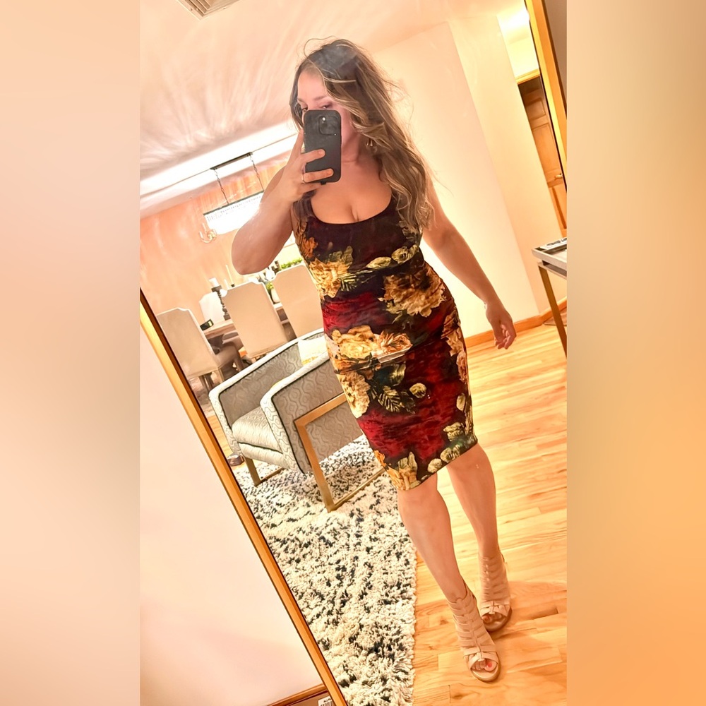 #8 KTOO Y2K Velour Gold and Burgundy Floral Bodycon Dress Size M: Club Ready